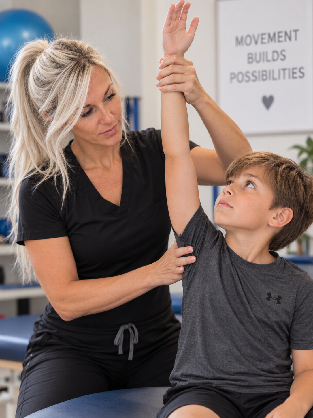 Therapist guiding a child's shoulder and forearm during a supported overhead reach