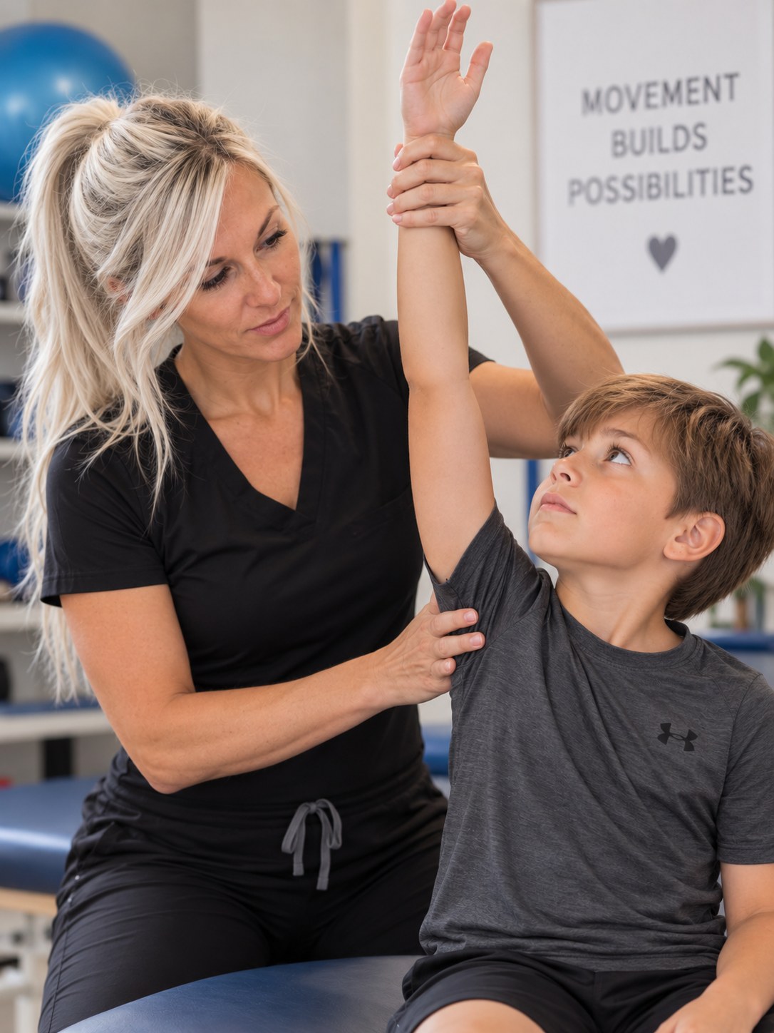 Jenny facilitating shoulder elevation with a school-age boy in the clinic, beside a sign reading Movement Builds Possibilities